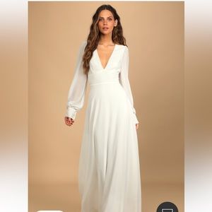 Lulus white “Let’s Talk about Devine” backless, long sleeve dress
